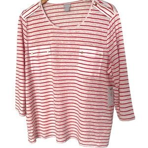 Chico’s Stripe Linen Pocket Tee Shirt Red White NWT Chico’s Size 4 (XXL)